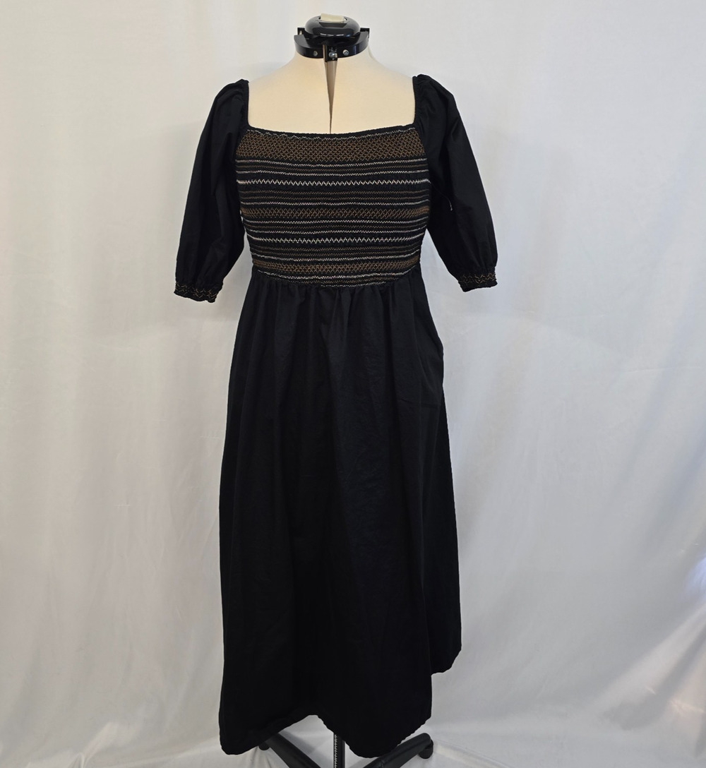 Old Navy Smocked Maxi Dress Women's L Black Brown Puff Sleeves Square Neck EUC